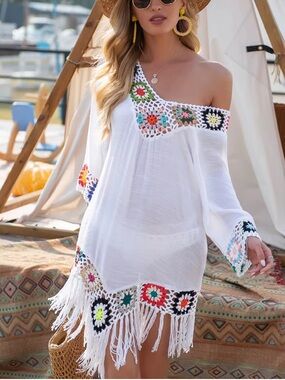 Rose Mary White Crochet Fringe Swim Cover-Up